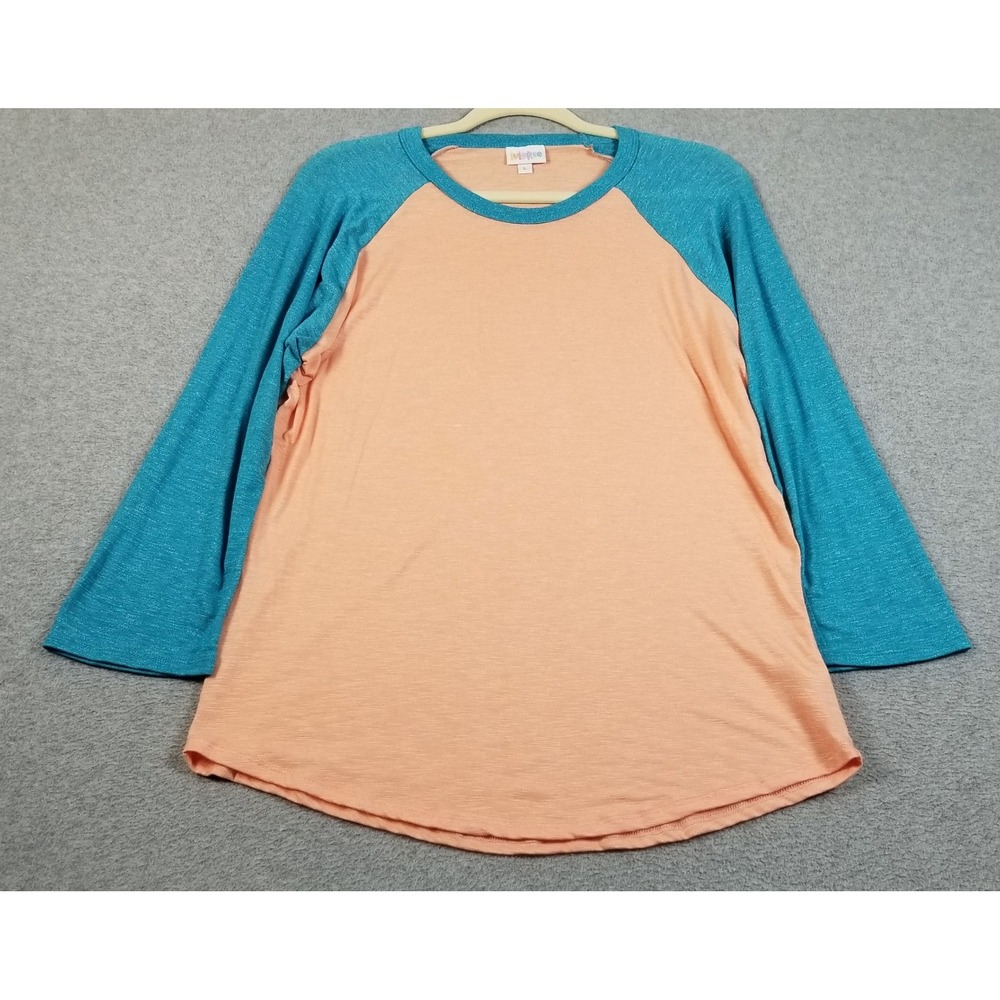 LuLaRoe Randy T Shirt Womens L Large Blue Orange Baseball Tee See Through Knit